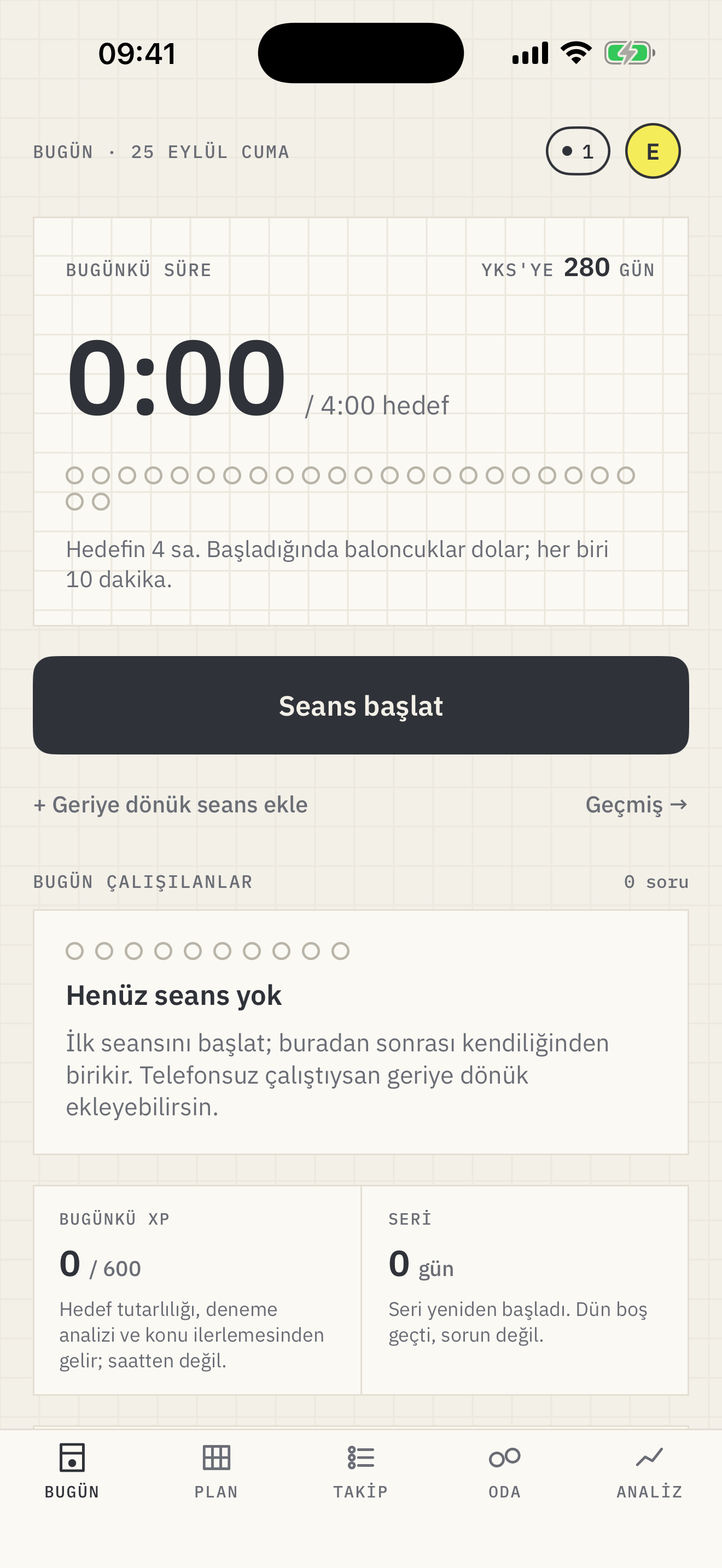 Etudo Bugün ekranında günlük çalışma süresi, hedef ve seans başlatma alanı